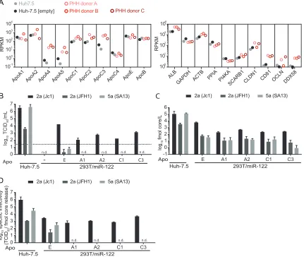 FIG 4 Preferential usage of ApoE over ApoA and ApoC during HCV assembly of different HCV constructs in 293T/miR-122 cells