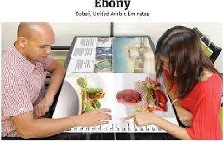 table surface using finger to interact with the digitalized, meal ordering menu which is locally connected to the cashier on the WLAN