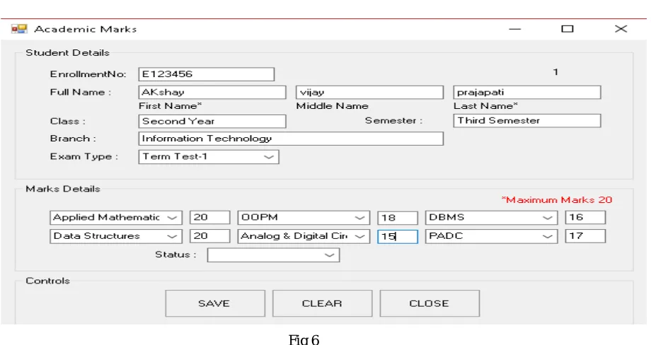Fig 6 Fig 6 and7 shows  the options to insert and retrieve student marks details according to his/her current semester  