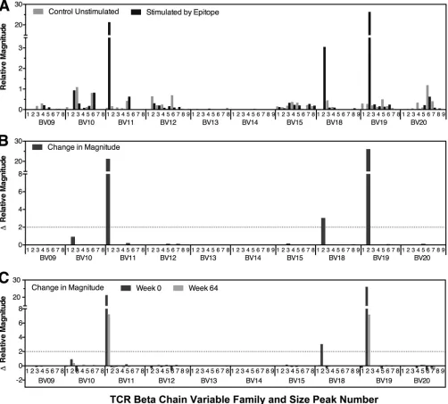 FIG 1 Delineation of the clonal proﬁle of CTL responses targeting HIV-1 epitopes. An example of quantitative spectratyping is shown