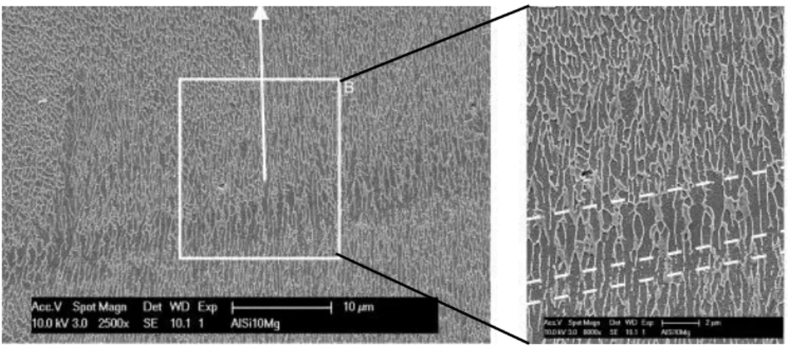 Figure 16: Microstructure of SLM AlSi10Mg as seen on the plane parallel to the build direction at  (a) low and (b) high magnifications [4]