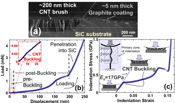 Figure 10. (a) SEM micrograph showing the CNT brush – graphite interface. (b) The loading response of  a 1 µm spherical indenter on the ~200 nm thick CNT brush