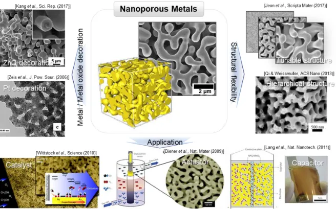 Figure 1 Wide research area of nanoporous metals ranging from structural tunability (adapted from  Jeon  et.al.,  Copyright  2017  Elsevier 17   and  Qi and Weissmuller  Copyright  2013 American  Chemical  Society 18 ) , heterogeneous composites(adapted fr