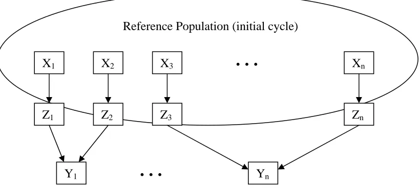 Figure 1. Illustration of selection units (Xfor a generalized selection methodology.  Units appear in squares and arrows signify patterns i), recombination units (Zi), and response units (Yi) of descent.