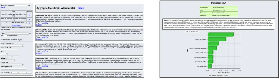 Figure 2: Left: Documents Page. The left pane shows the available facets (topics and metadata) and the right paneshows the matching documents (collapsed view.) Right: Expanded Document