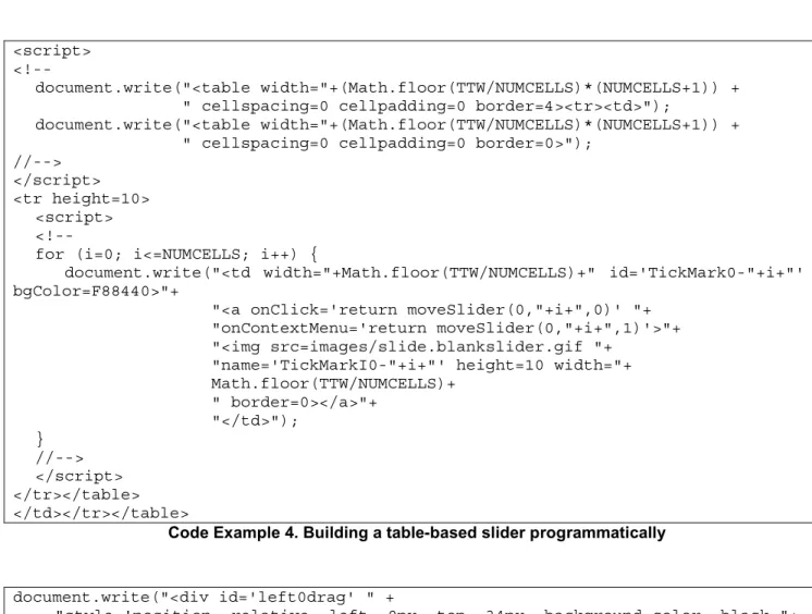 Figure 11. Slider constructed in HTML by coloring cells of a table, with thumbs added on top  inside two separate layers using CSS