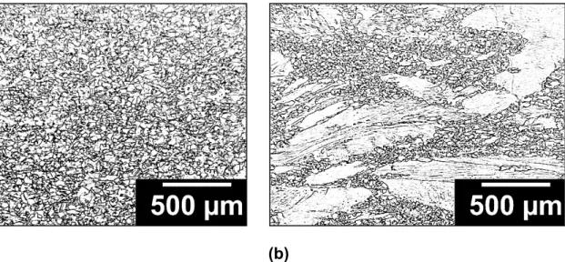Figure 7: Optical Micrographs of 0% CW condition at 50x magnification showing through-thickness  microstructural variation: (a) mid-thickness (b) bottom edge adjacent to the surface 