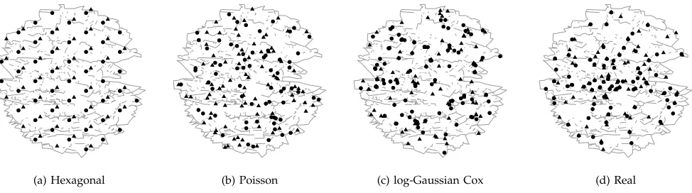 Fig. 1: Illustration of different types of two-operator BS deployment patterns for the city of Dublin (the Dublin cityarea is represented here as a superposition of the smallest unit areas provided in [5], and located within a radiusof 5 km from the city’s
