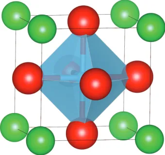 Figure 1.3: Ideal cubic perovskite structure. A ions are shown in green, B ions areshown in blue and X ions in red
