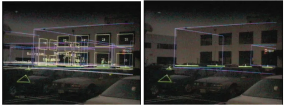 Figure 2: Two augmented views of a building: the first shows all information available, and the  second shows only a route and an item of interest