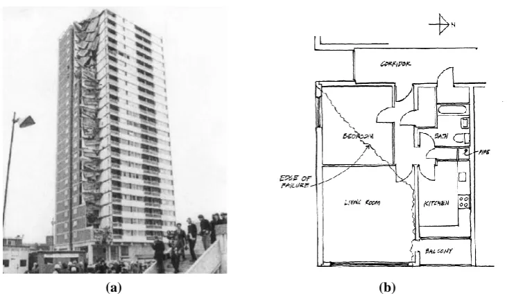 Figure 2.1 (a) Ronan Point apartment tower after collapse and (b) layout of apartment 90 