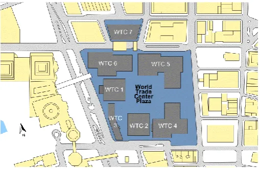 Figure 2.9 Plan of the World Trade Centre complex (FEMA, 2002) 