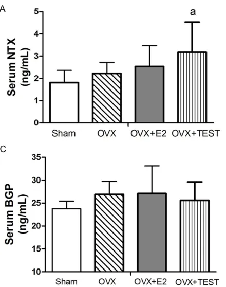 Figure 3. Serum NTX, PTH and BGP levels of the treated rats. A. Serum NTX (cross-linked N-telopeptide of type I collagen, ng/mL)