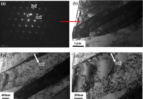 Figure 10. (a) A TEM SAD (selected area diffraction) pattern from a nano-needle in [111]  zone; (b) and (c,d)  BF (bright field) TEM micrographs of a nano-needle taken from [111]  zone and under two beam condition,  respectively.