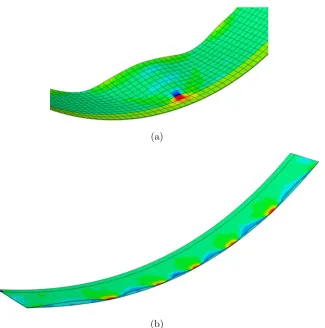 Figure 2.21: FEA image of ‘triangular buckles’ identiﬁed in TRAC booms when coiled to a radiusgreater than its natural bending radius [34] (a) close up of ‘buckle’, and (b) a series of ‘buckles’.