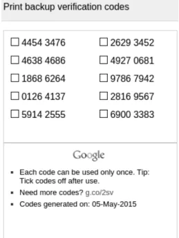 Figure 4.1: Google recovery codes