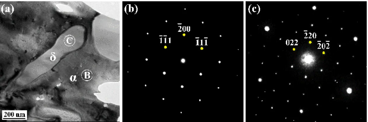 Fig. 6.  (a) A bright field TEM image  showing  the  α phase and the δ  phase,  and  the corresponding  diffraction patterns (b) and (c) from B region and C region in (a), respectively