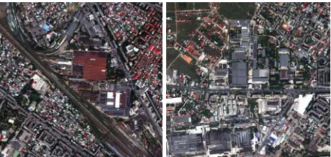 Fig. 1. a, b: WorldView2 images containing similar areas with different spatial arrangements,  corresponding to: a