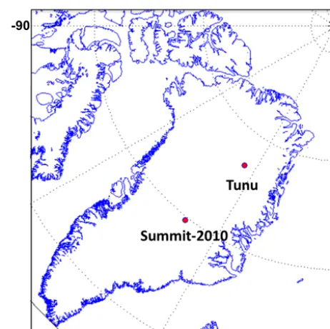 Figure 1. Locations of ice cores used in this study. Summit-2010(72◦20′ N, 38◦17′24′′ W) and Tunu (78◦2′5.5′′ N, 33◦52′48′′).
