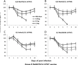 FIG 7 Body weight loss of RgW478/14 (group II)-vaccinated mice following infection. Groups of immunized 