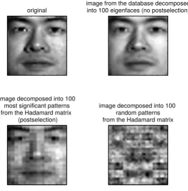 FIG. 6: 32ﬁgure shows decomposition of this image into 100 leading eigenfaces built according to a scheme described in the main text (no postselection).Lower left ﬁgure: the image decomposed into 100 patterns from the Hadamard matrix set, but with postsele