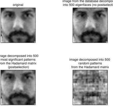 FIG. 7: 32 × 32 pixels images enlarged 3 times. Upper left: Original image of an arbitrary face not in the set of training images