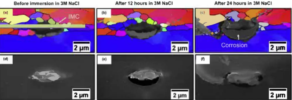Fig.  15. Transmission Kikuchi Diffraction  observations  of the  as-received  sample  in the  longitudinal  section  performed  (a)  before  immersion,  (b)  after a  12-h  immersion in 3 M NaCI and (c) after a 24-h immersion in 3 M NaCI