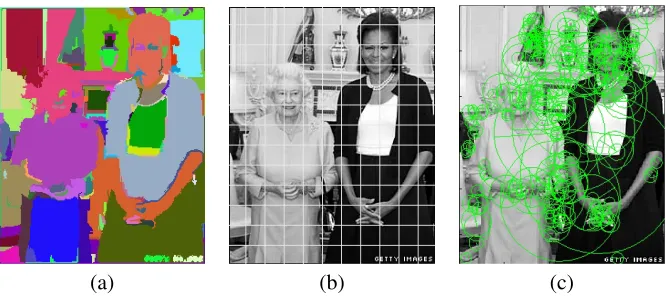 Figure 1: Image partitioned into regions of varying granularity using (a) the normalized cut image segmentation algo-rithm, (b) uniform grid segmentation, and (c) the SIFT point detector.