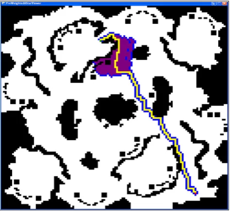 Figure 2: An example of an Weighted A* found path, showing the closed list