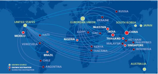 Figure 8: Known and suspected routes of e-waste dumping ( Source: Lundgren, 2012; University  of Northampton, n