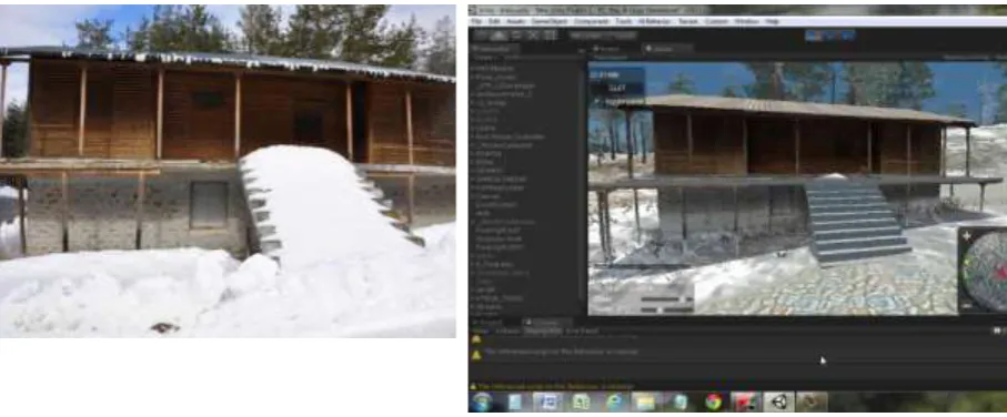 Fig. 22:  The building of the Chalet (left) and the building as created with “SketchUp” and “Agisoft PhotoScan” (right) 