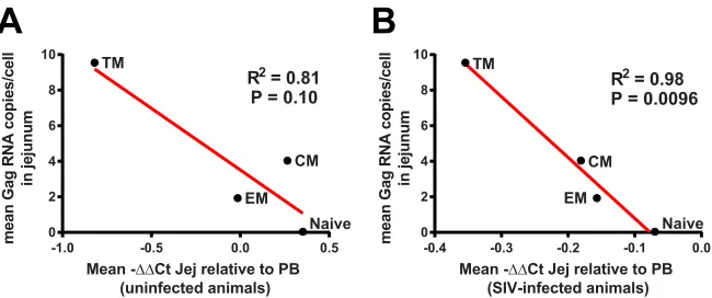 FIG 5 Correlation of expression of conﬁrmed and putative restriction factors with the outcome ofinfected animals.animals (ΔΔinfection in subsets of CD4� T cells
