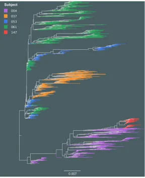 FIG 2 NJ phylogeny of the ﬁve subjects. Shown is the NJ tree of the HCV E1E2 genomic region (1,680 nt).Bootstrap analysis was performed with 100 replicates; however, they are not displayed because the greatmajority was below the 70% threshold