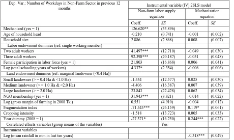 Table 6:  IV Model Estimates of Labor Supply of Farm Households 