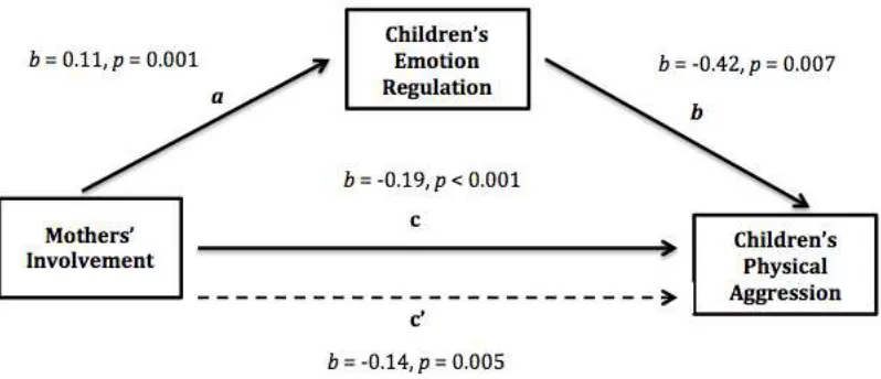 Figure 1. Associations between (a) mothers’ involvement and children’s emotion regulation, (b) children’s emotion regulation and children’s physical aggression, (c) mothers’ involvement and children’s physical aggression, and (c’) mothers’ involvement and 