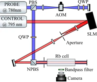 Fig. 2. Schematic diagram of the experimental setup. AOM: acousto-optic modulator, QWP:quarter waveplate, (N)PBS: (non-) polarising beam splitter, SLM: spatial light modulator.
