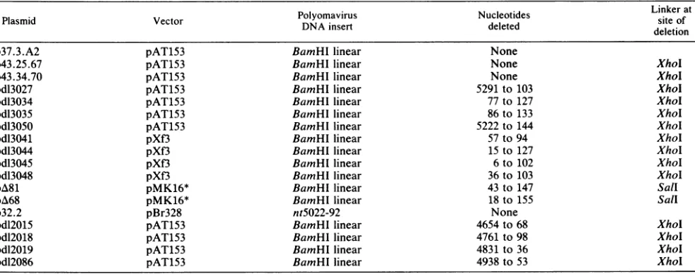 TABLE 1. Structures of recombinant plasmids used in large T-Antigen binding studies