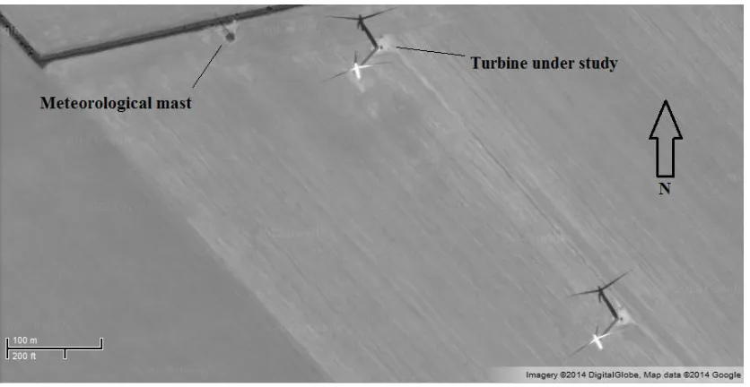 Figure 2.1: Aerial view of wind turbine under study and testing site layout [15]. 