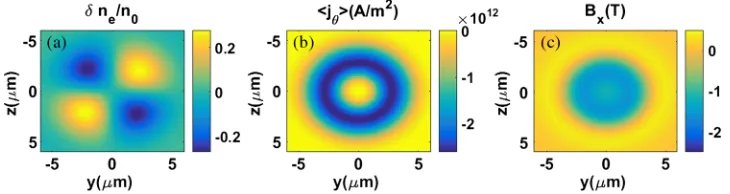FIG. 2.PIC results of transverse profile of (a) δne, (b) time averaged, azimuthal component of the net current densityhjθi ¼ hjeθ þ jdisθ i, and (c) Bx, all at x ¼ 20 μm and 600 fs after the laser has passed by.