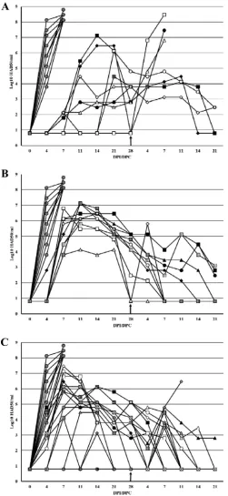 FIG 3 Viremia titers detected in pigs i.m. inoculated with either 10Each curve represents data from an individual animal