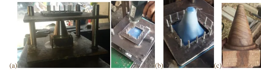 Figure 6: Testing on polymer sheet; (a) Start, (b) Finish, (c) Wooden die. 