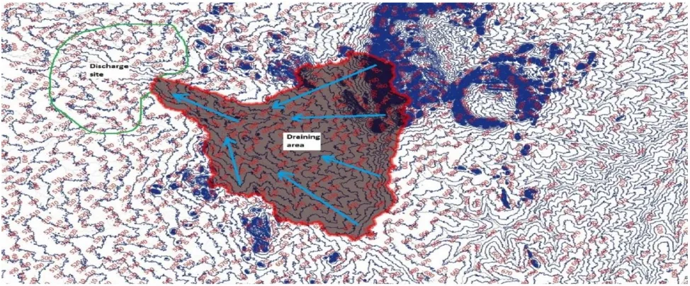Figure 4: below shows the resulted drainage area (catchment area) and the drainage site (discharge site) for the project