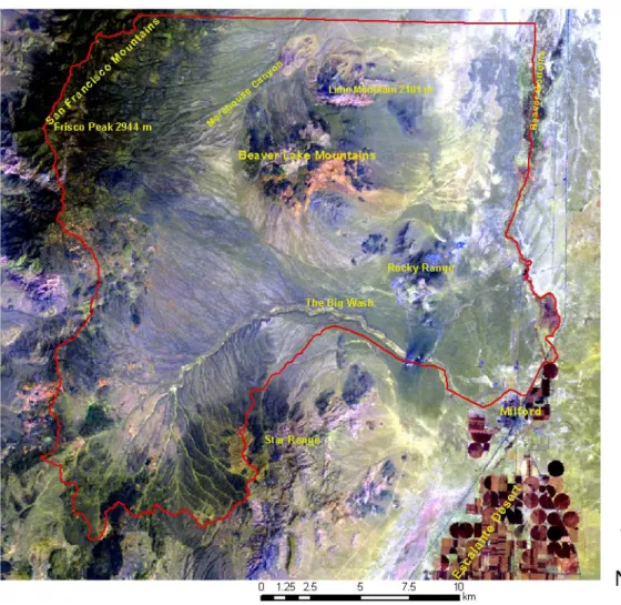 Figure 2. The Big Wash study area shown in a Landsat 7 scene false color (bands 5, 7, 1)