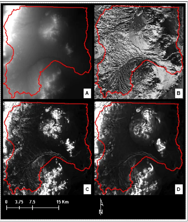 Figure 10. DEM-derived data. A: 10-m DEM; B: Flow direction from 10-m DEM; C: 