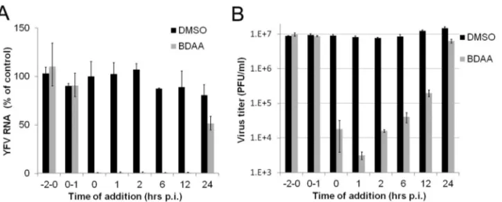 FIG 4 Time-of-addition analysis of BDAA antiviral activity against YFV. Huh7.5 cells were infected with YFV at an MOI of 10 for 1 h