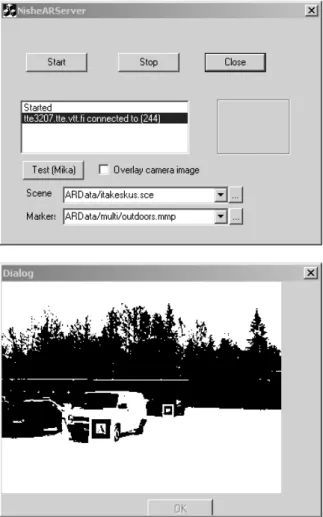 Figure 3. User interface of the server program. Above (a) the setup window and below (b) the thresholded camera image with a marker.
