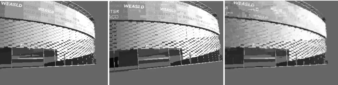 Figure 5. Impression of image qualities of combined MVQ coder and masking: original image (left), SNR= 15dB (middle) and SNR=10dB (right).