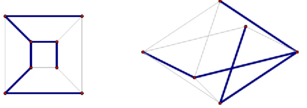 Figure 7: Dual spanning trees (bold edges) in the cube and octahedron graphs