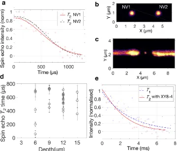 Fig. 4. Nitrogen vacancy centre electron spin coherence times. a Spin-echo decays for adjacent, aligned NVCs (labelled NV1 and NV2, as shown in Fig