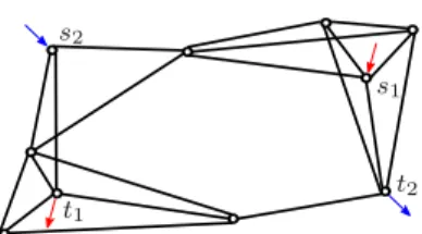Fig. 4: Connectivity graph of an RI network problem with 10 nodes. Arrows represent sources and terminals of sessions.